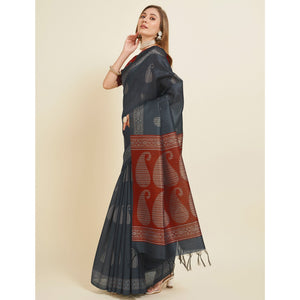 grey-digital-printed-bhagalpuri-silk-saree-with-tassels