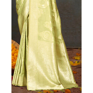 Light Green Floral Woven Cotton Silk Saree With Tassels