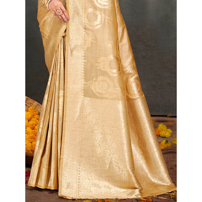 Cream Floral Woven Cotton Silk Saree With Tassels