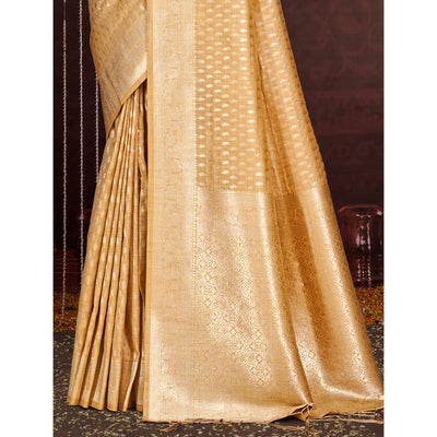 Cream Floral Woven Cotton Silk Saree With Tassels