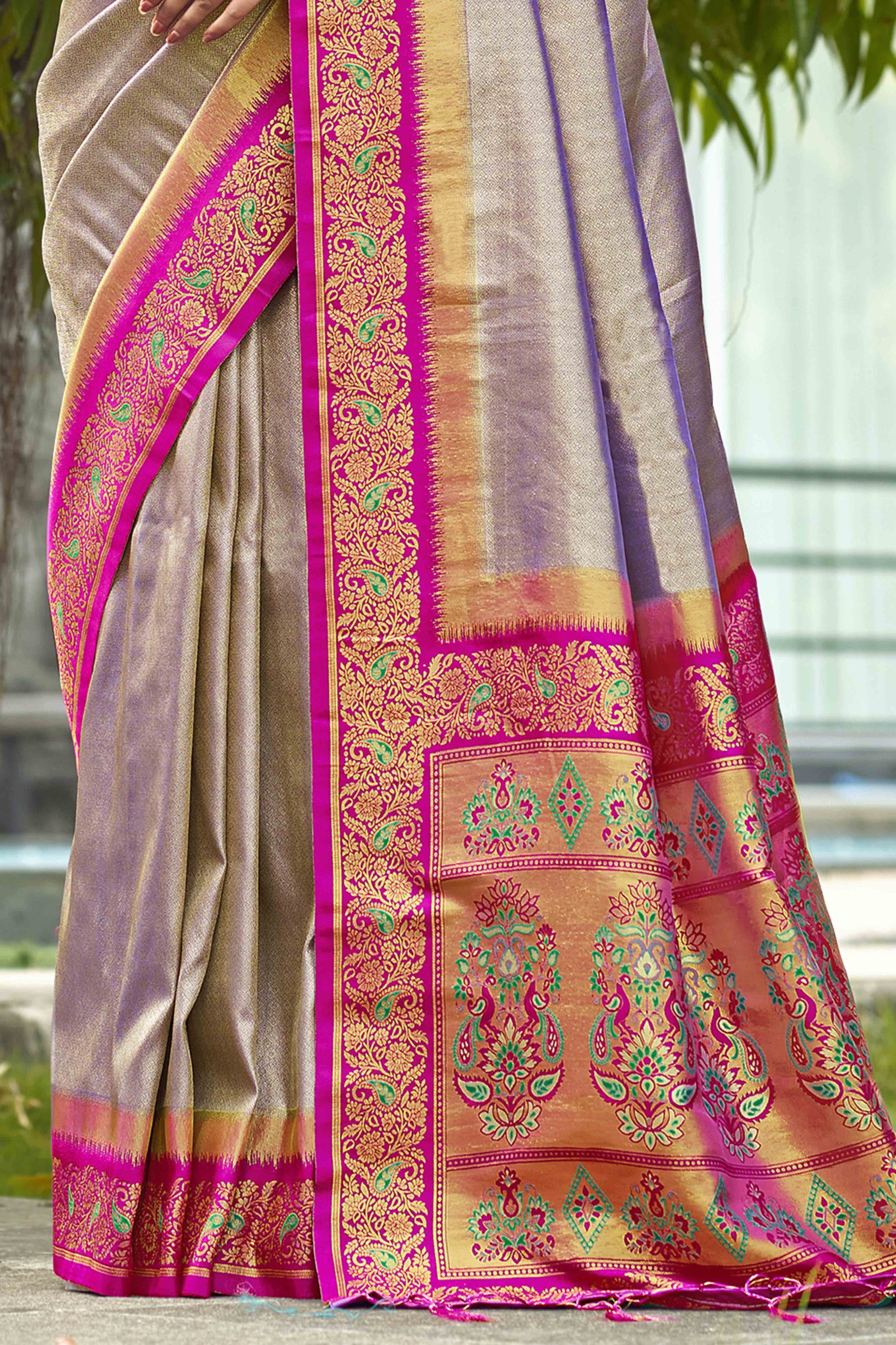 Grey Zari Weaving Organza Saree