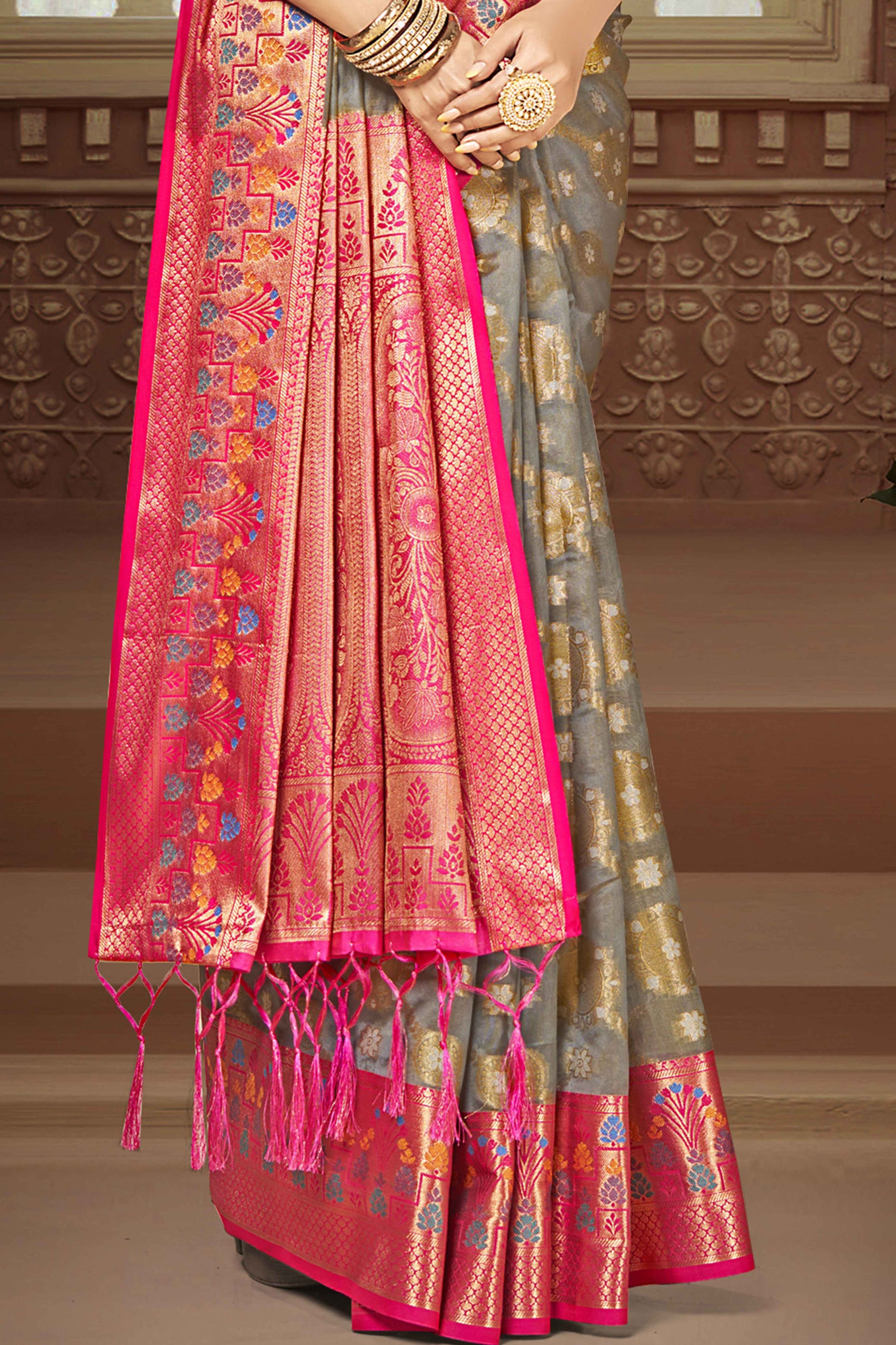 grey-floral-woven-banarasi-silk-saree-with-tassels