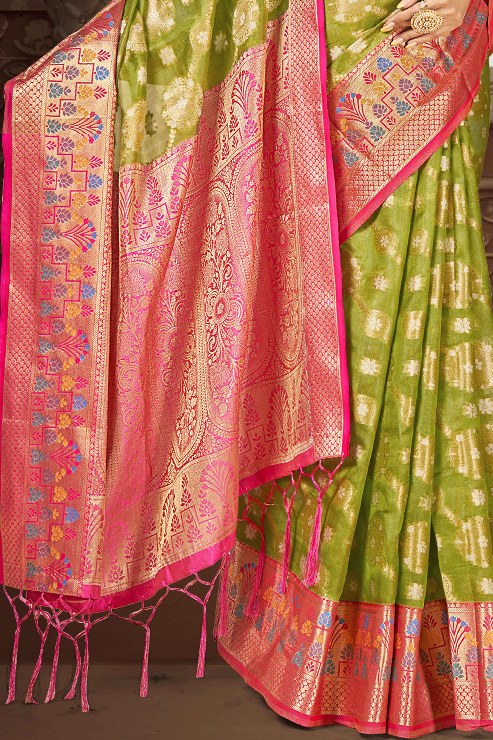 green-floral-woven-banarasi-silk-saree-with-tassels-20