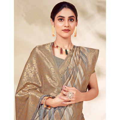 Grey Woven Cotton Silk Saree With Tassels