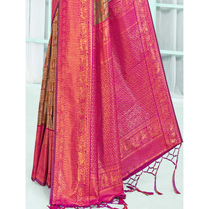 Brown & Rani Pink Woven Cotton Silk Saree With Tassels