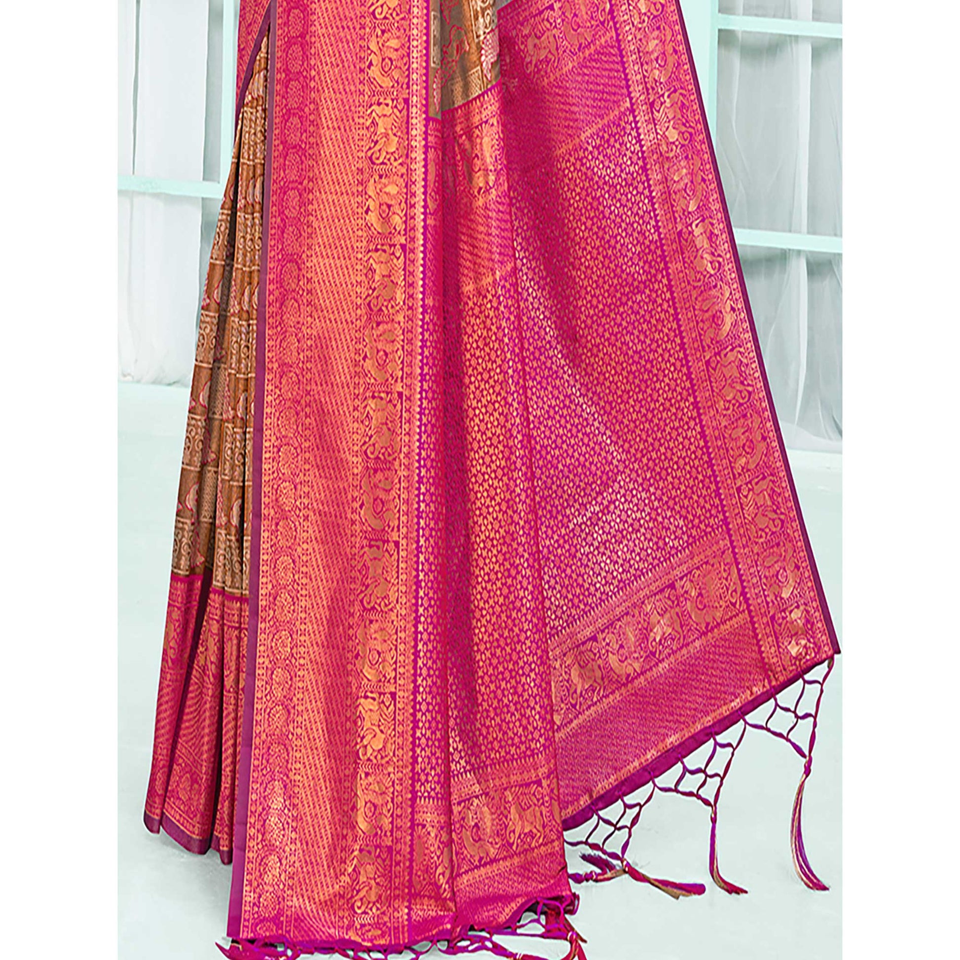 Brown & Rani Pink Woven Cotton Silk Saree With Tassels