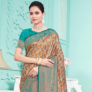 Brown & Rama Green Woven Cotton Silk Saree With Tassels
