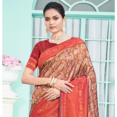 Brown & Maroon Woven Cotton Silk Saree With Tassels
