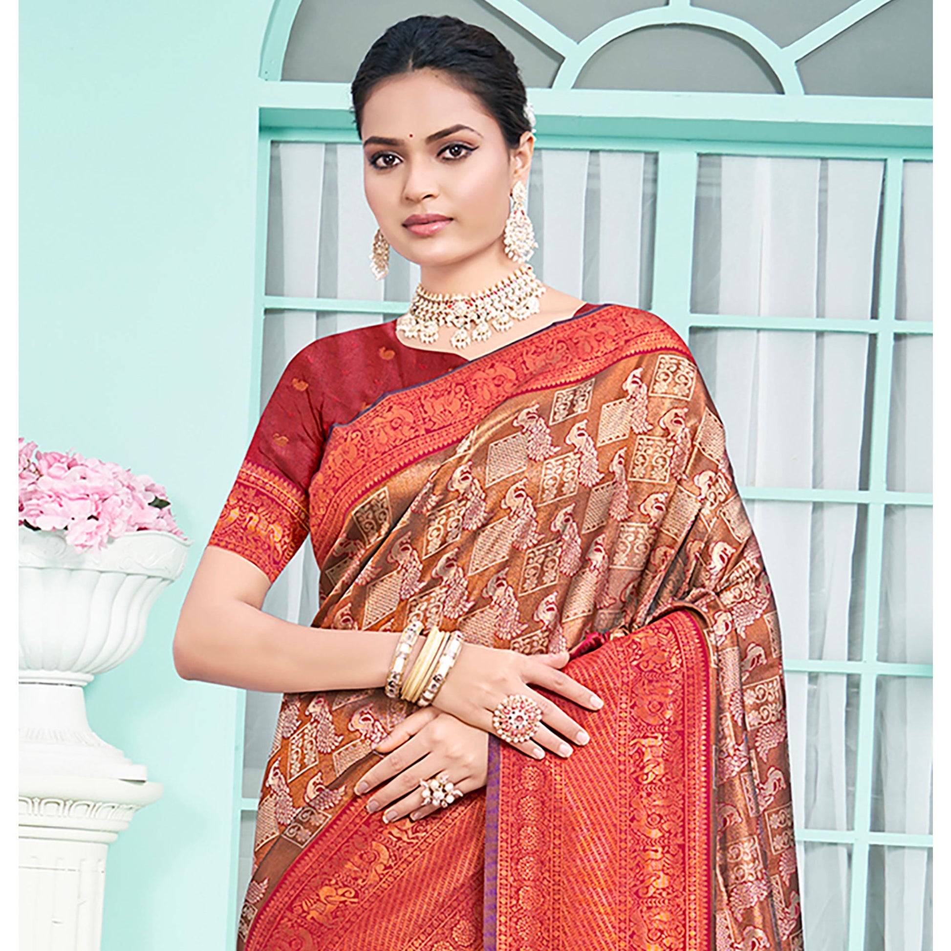 Brown & Maroon Woven Cotton Silk Saree With Tassels