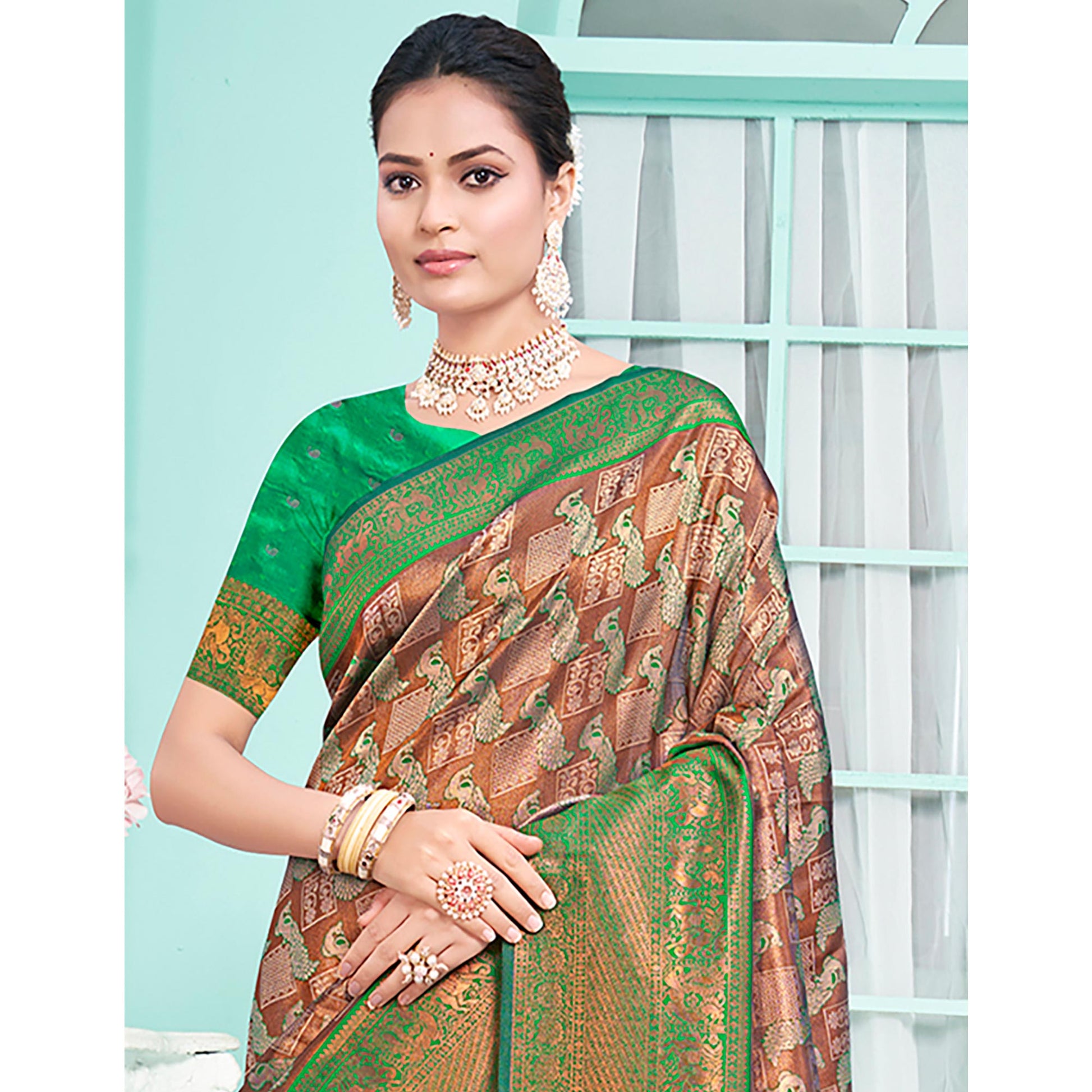 Brown & Green Woven Cotton Silk Saree With Tassels