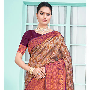 Brown & Purple Woven Cotton Silk Saree With Tassels
