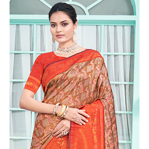 Brown & Red Woven Cotton Silk Saree With Tassels