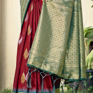 Maroon Woven Banarasi Silk Saree With Tassels