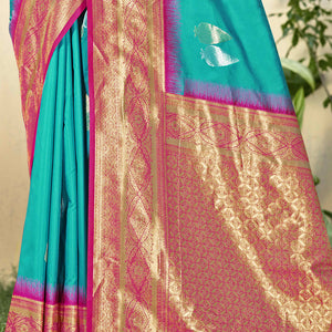 Blue Woven Banarasi Silk Saree With Tassels