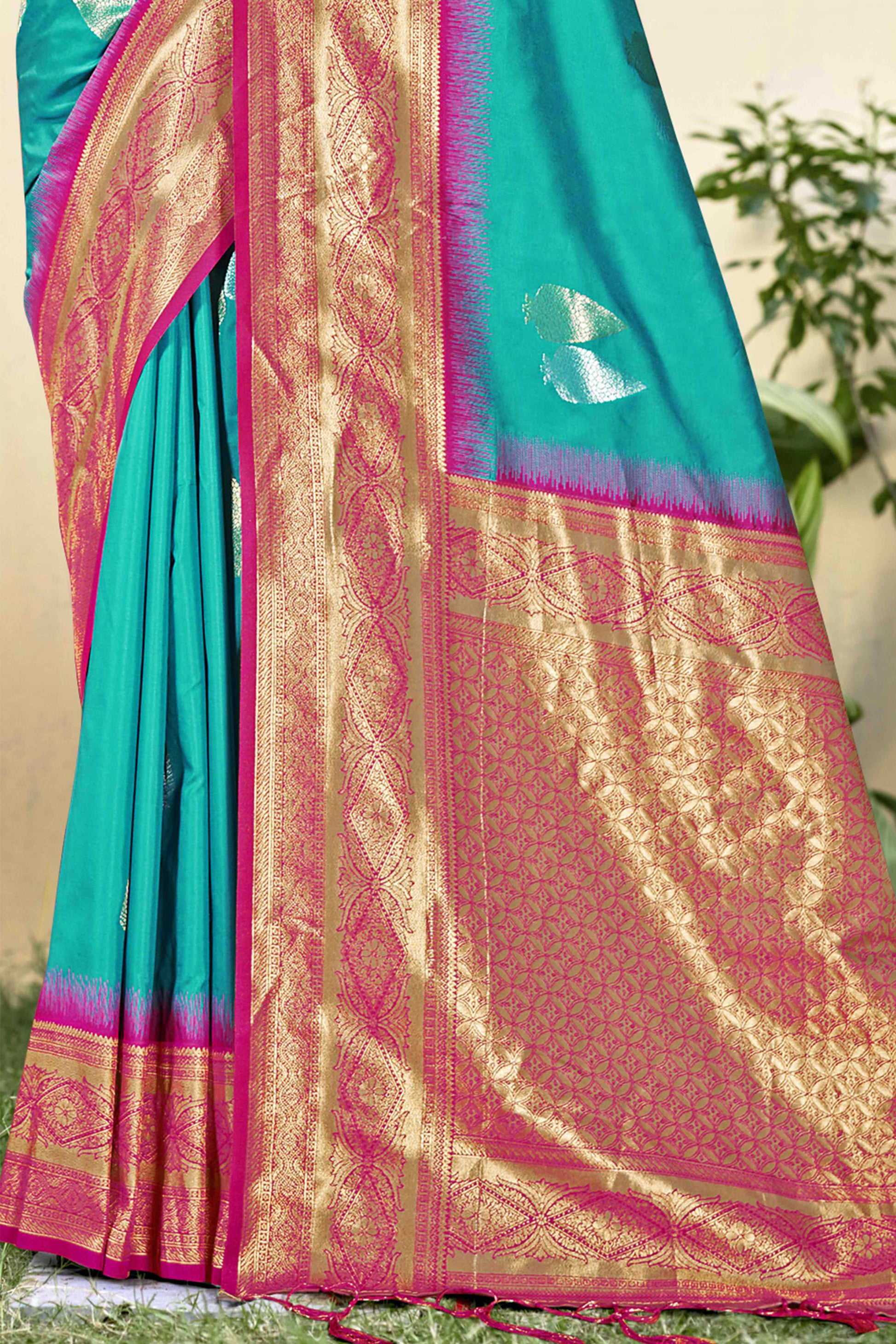Blue Woven Banarasi Silk Saree With Tassels