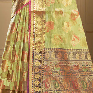Light Green Floral Woven Organza Saree With Tassels
