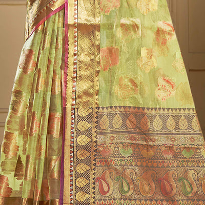Light Green Floral Woven Organza Saree With Tassels