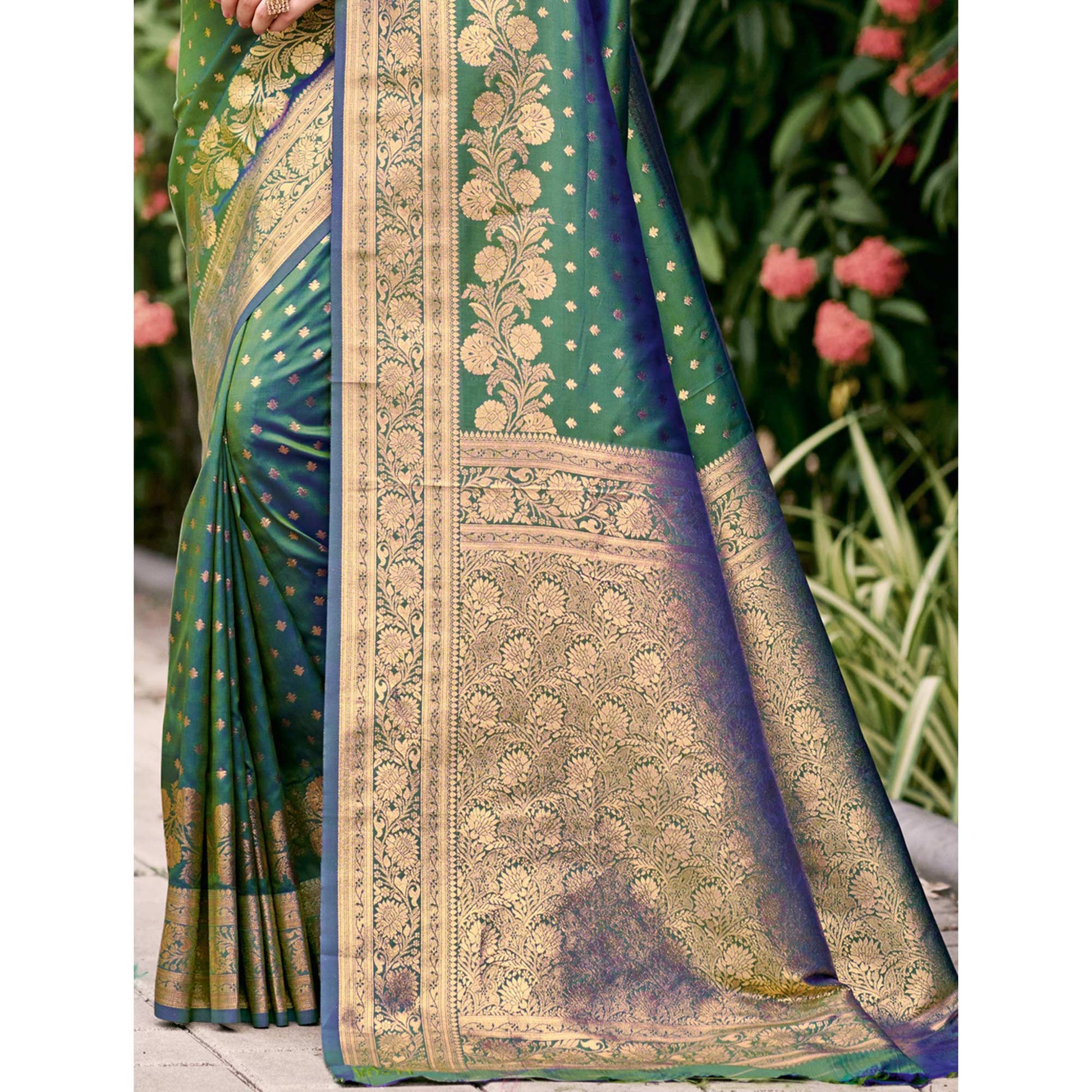 green-floral-woven-banarasi-silk-saree-with-tassels-11