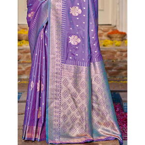 Lavender Floral Woven Banarasi Silk Saree With Tassels