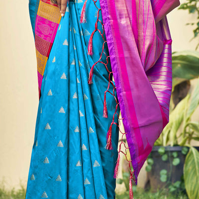 Blue Woven Banarasi Silk Saree With Tassels