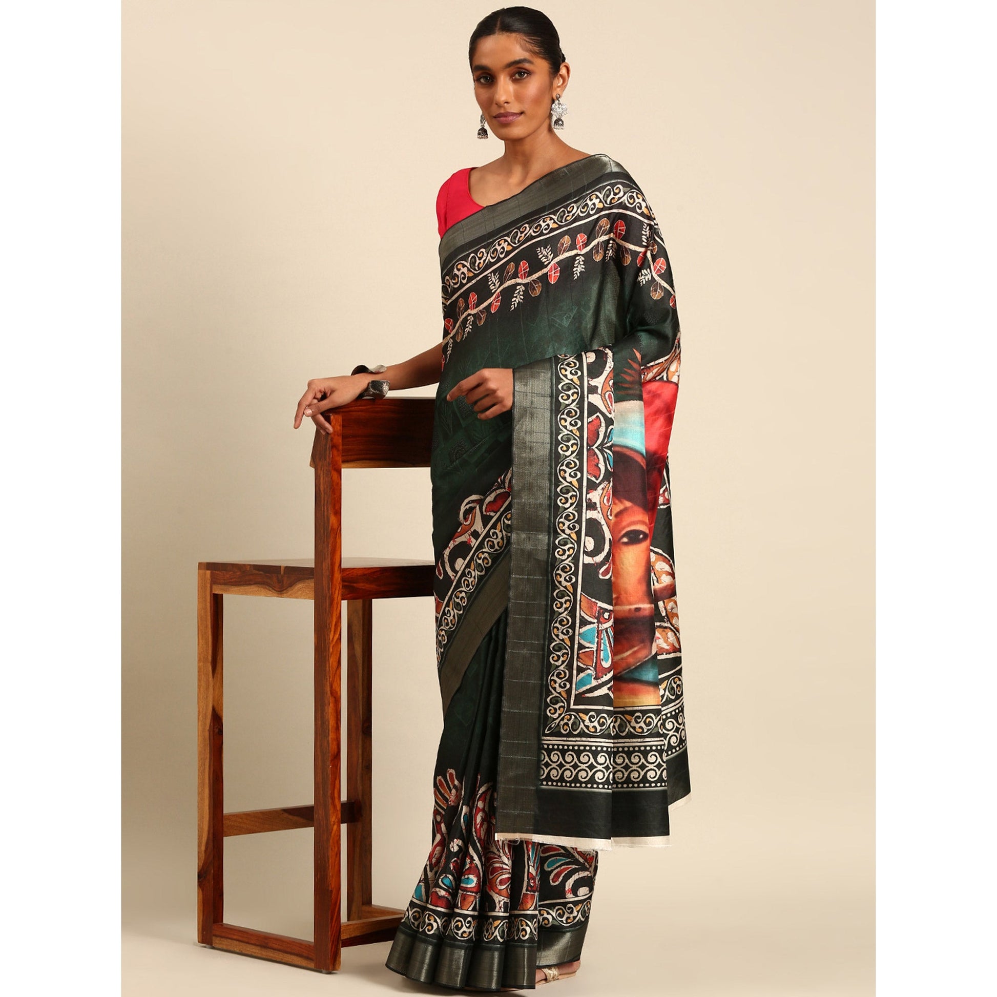 green-digital-printed-cotton-blend-saree-with-woven-border
