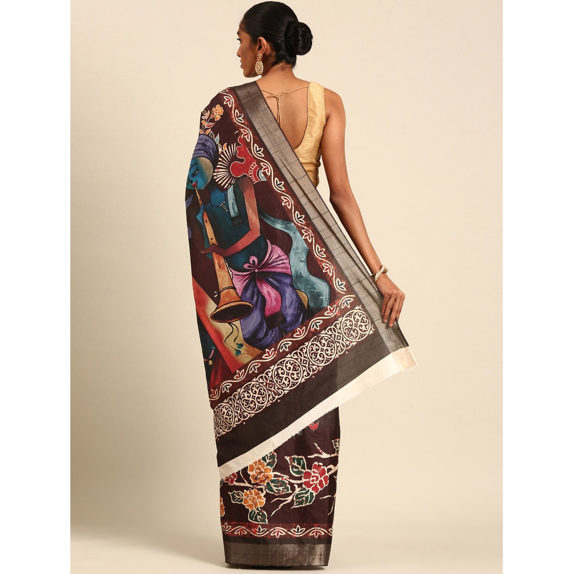 Dark Brown Digital Printed Cotton Blend Saree With Woven Border