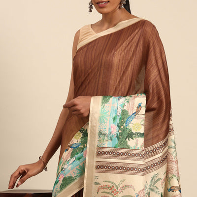 Brown Digital Printed Cotton Silk Saree