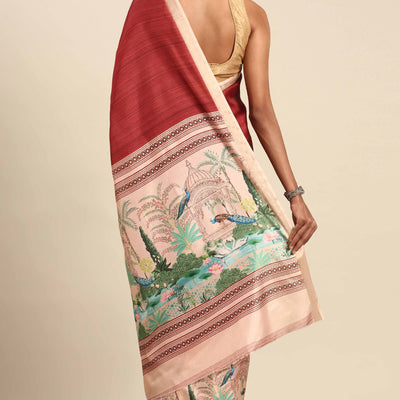 Maroon Digital Printed Cotton Silk Saree
