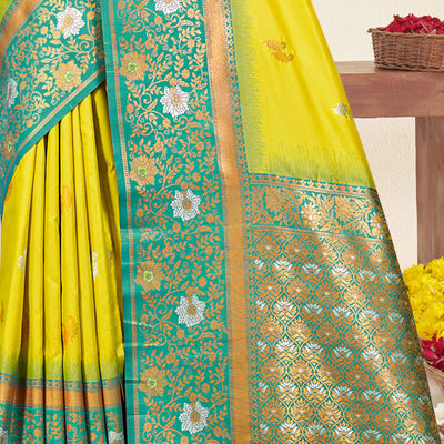 Lemon Yellow Floral Woven Banarasi Silk Saree