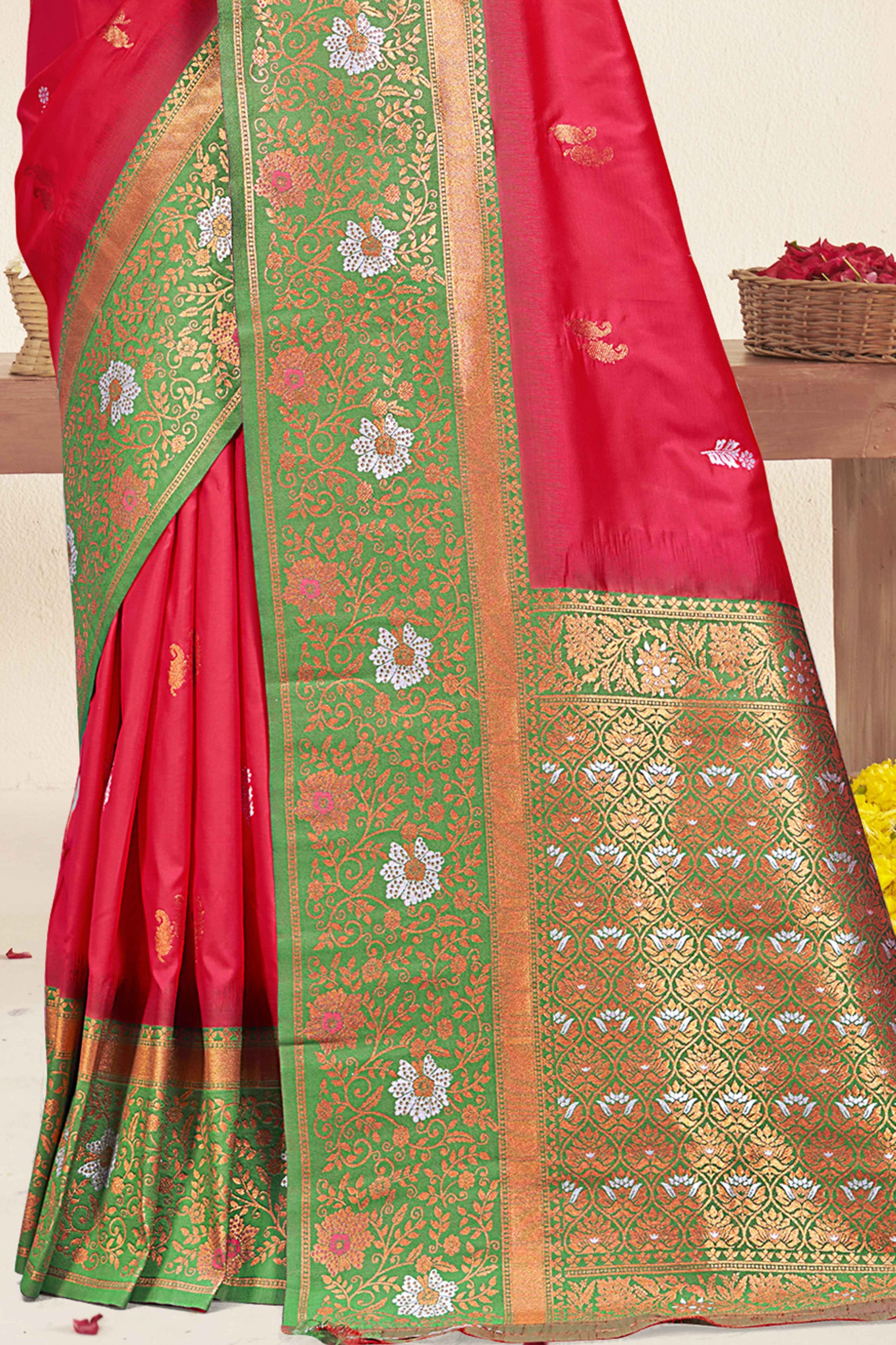 Dark Pink Floral Woven Banarasi Silk Saree