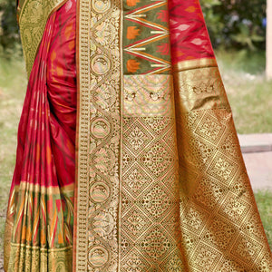 Cherry Red & Green Woven Cotton Silk Saree With Tassels