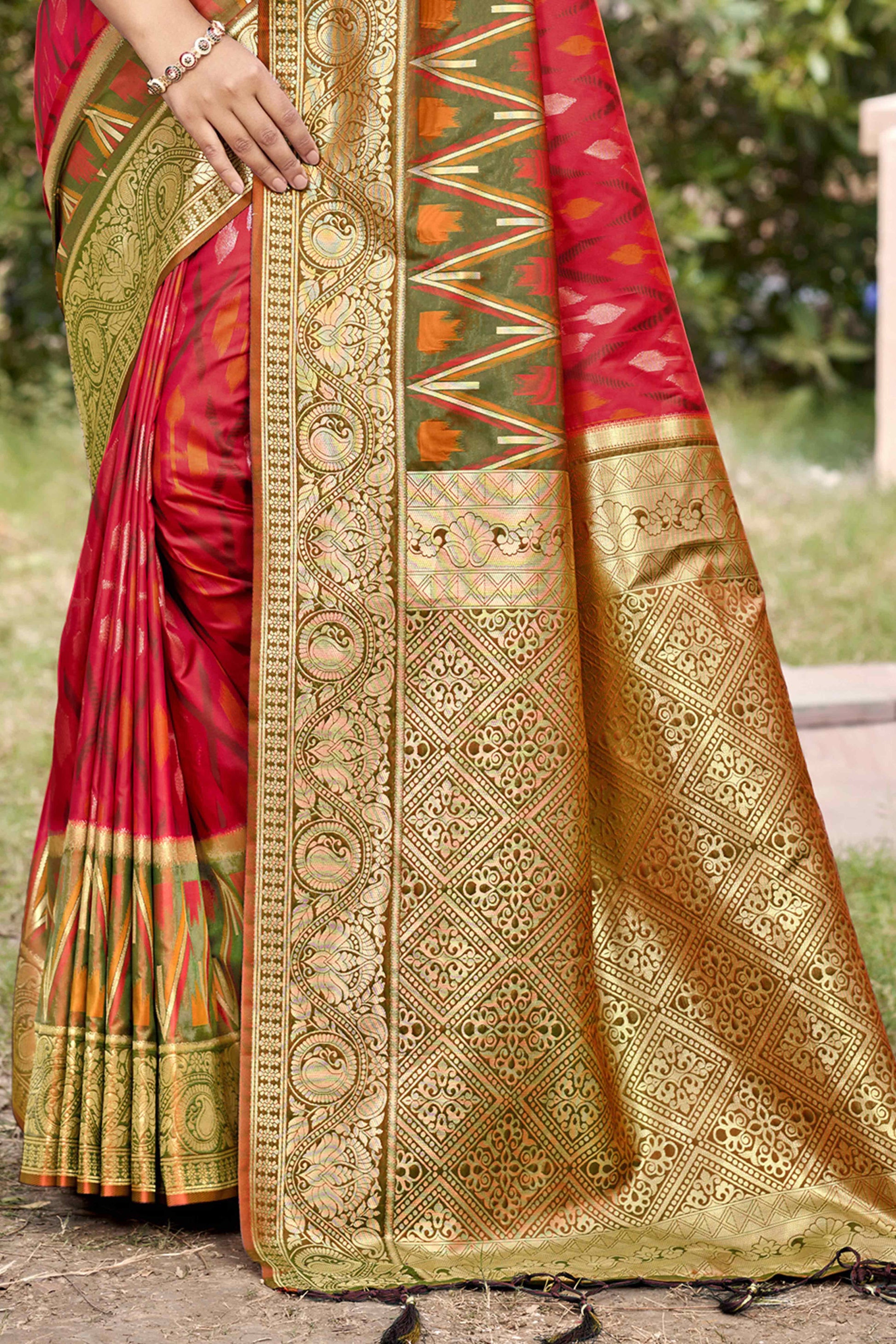 Cherry Red & Green Woven Cotton Silk Saree With Tassels