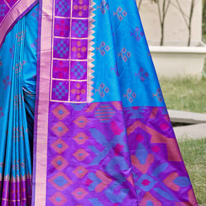 Blue Woven Cotton Silk Saree With Tassels