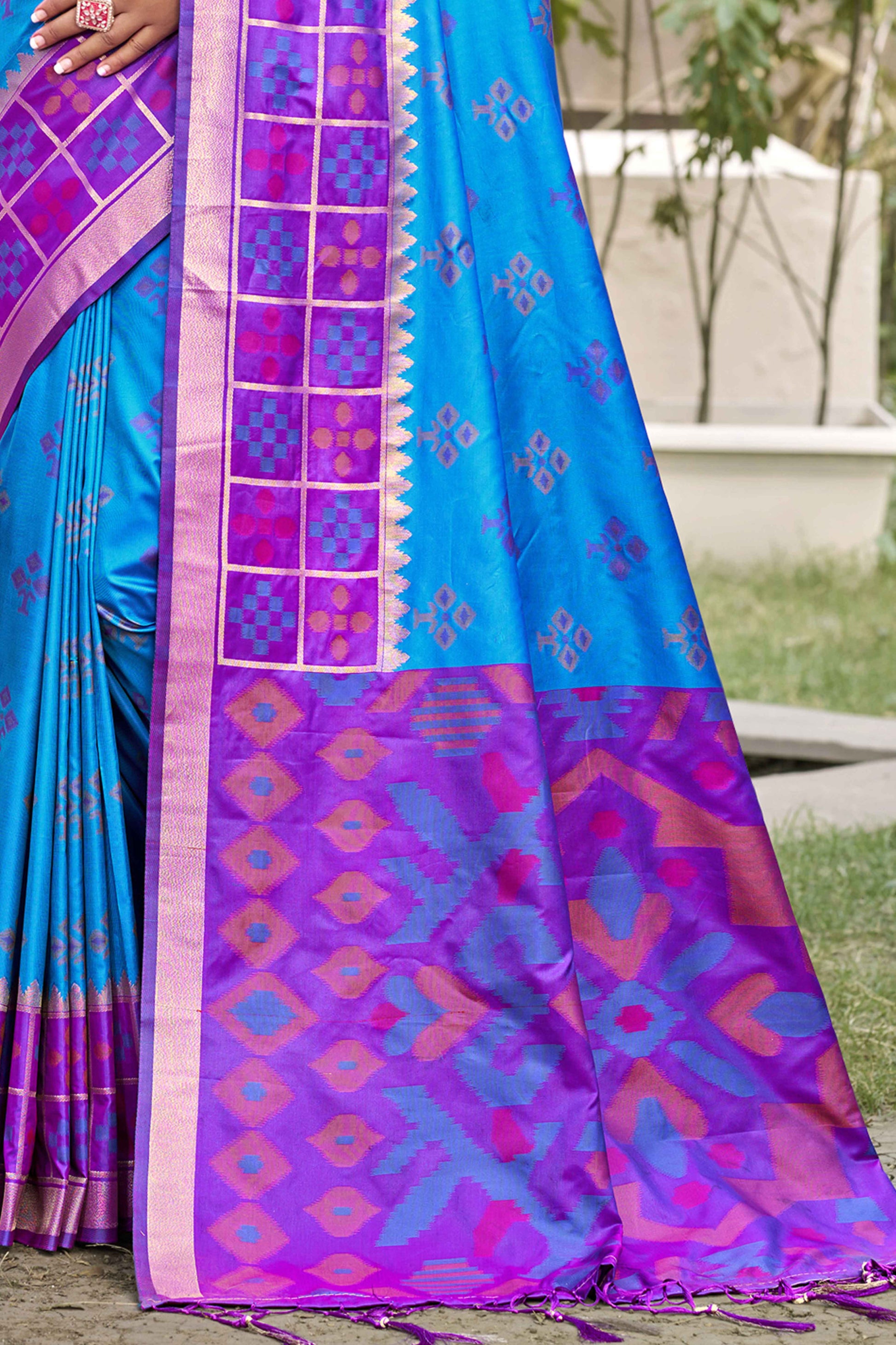 Blue Woven Cotton Silk Saree With Tassels