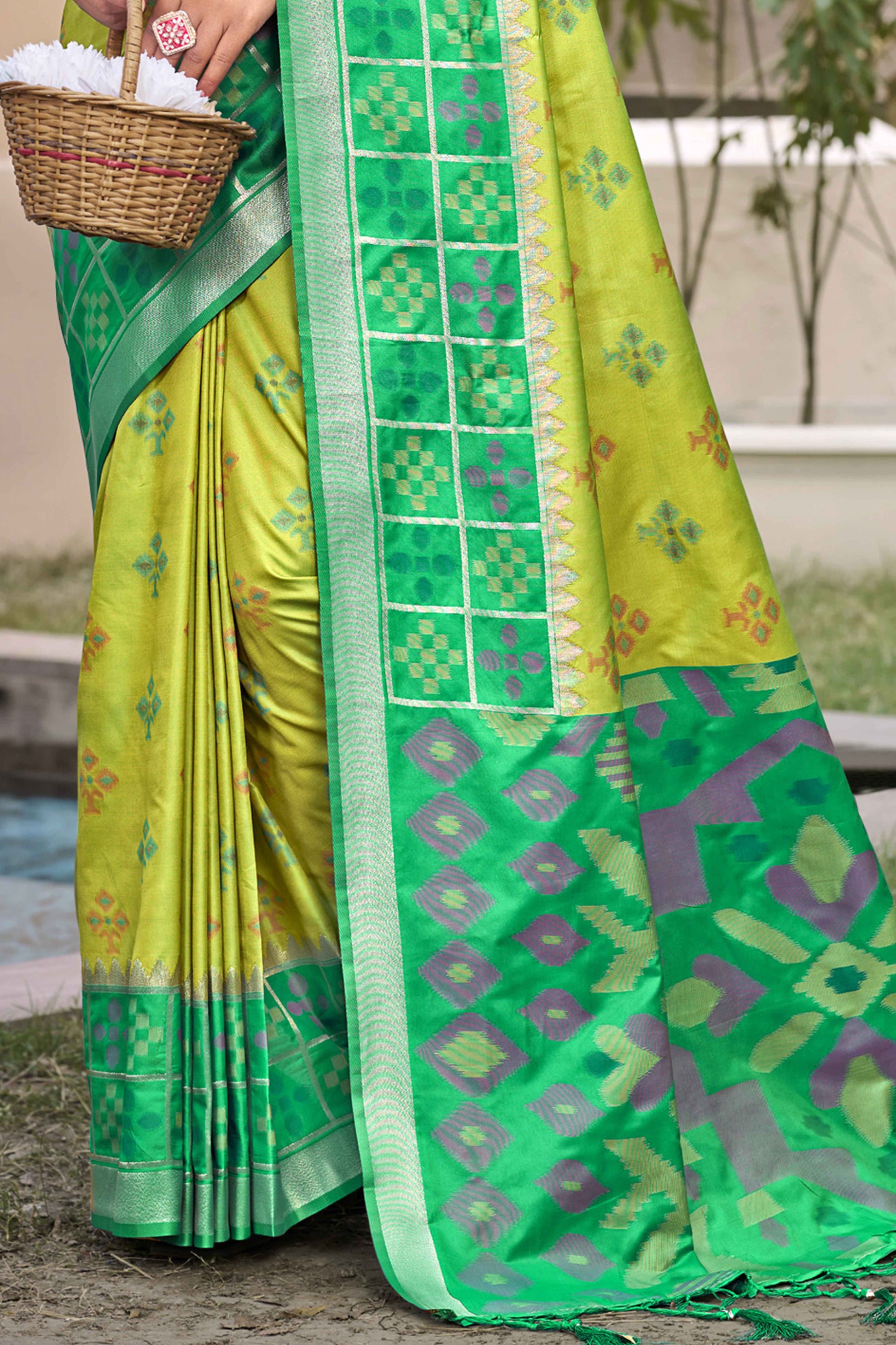 Light Green Woven Cotton Silk Saree With Tassels
