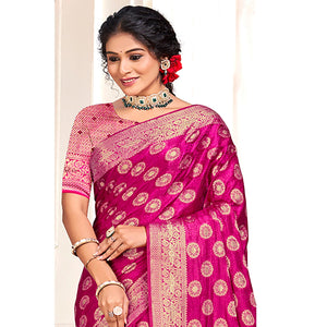 Magenta Floral Woven Cotton Silk Saree With Tassels