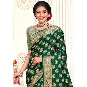 Dark Green Floral Woven Cotton Silk Saree With Tassels
