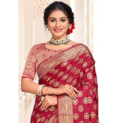 Maroon Floral Woven Cotton Silk Saree With Tassels