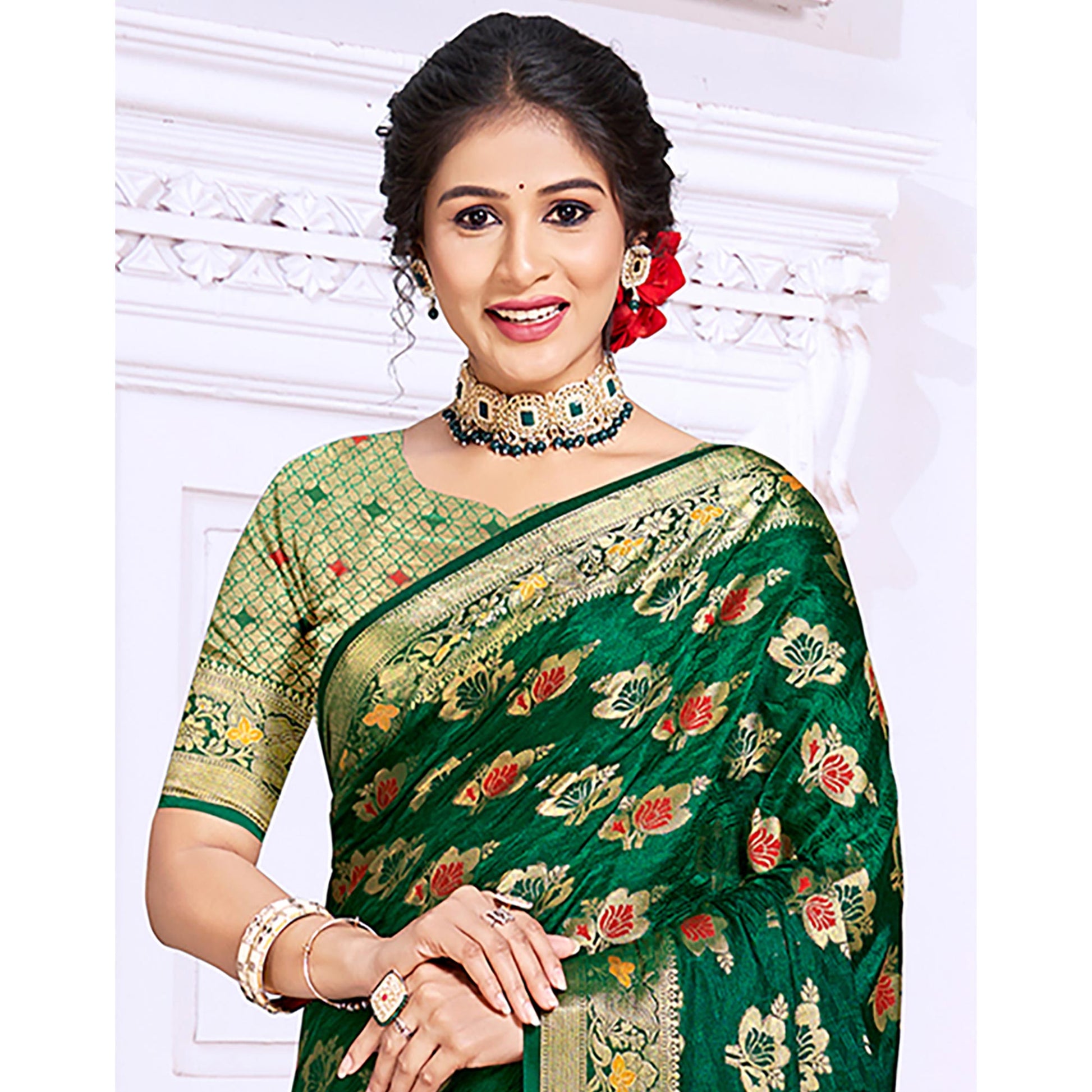 Dark Green Floral Woven Cotton Silk Saree With Tassels
