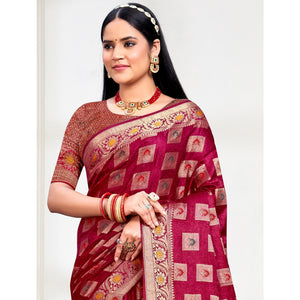 Maroon Floral Woven Cotton Silk Saree With Tassels