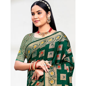 Dark Green Floral Woven Cotton Silk Saree With Tassels