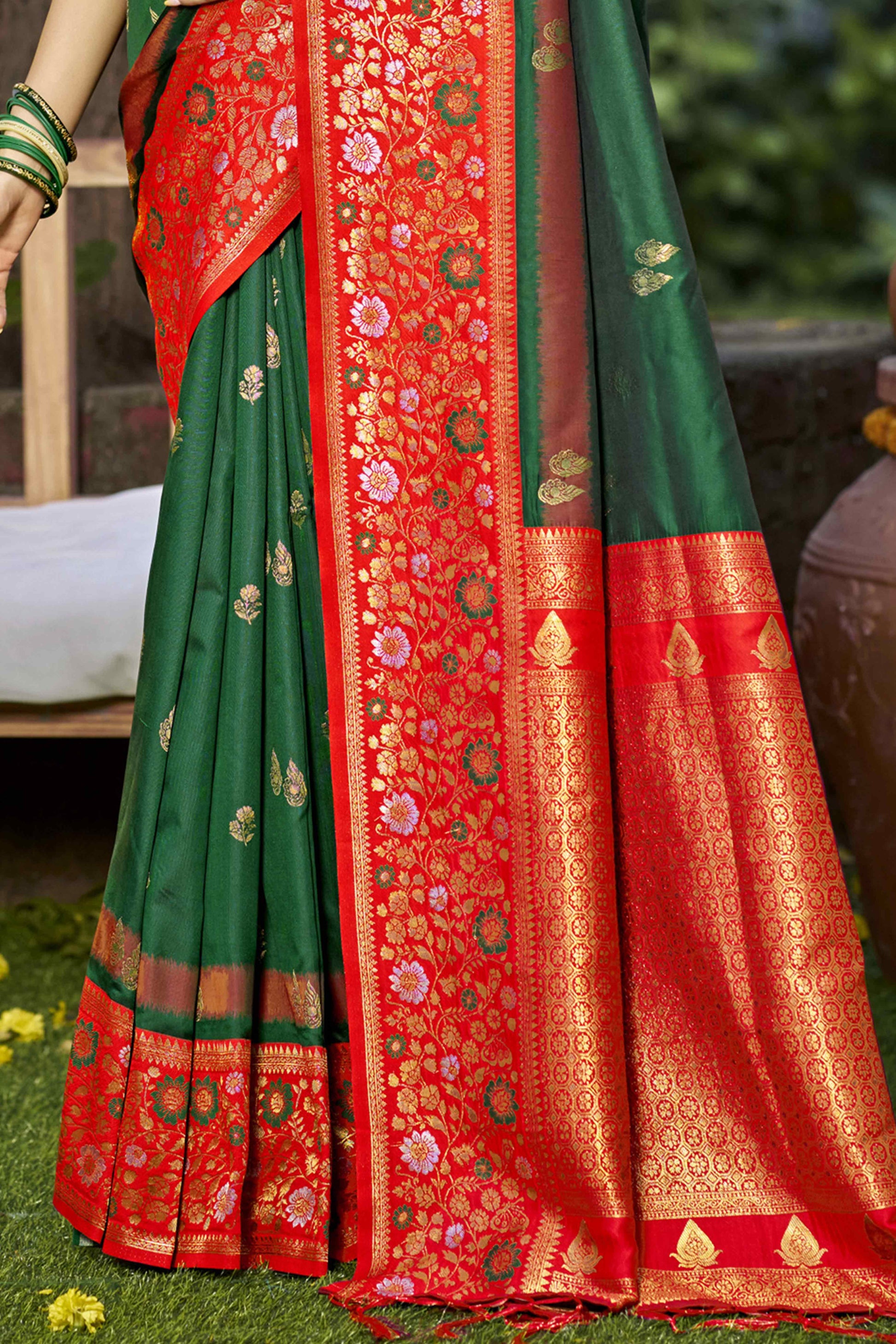 green-floral-woven-banarasi-silk-saree-with-tassels-13