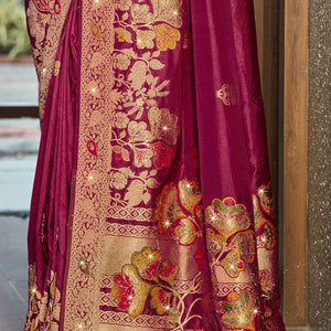 Dark Magenta Floral Woven With Swarovski Work Pure Silk Saree With Tassels