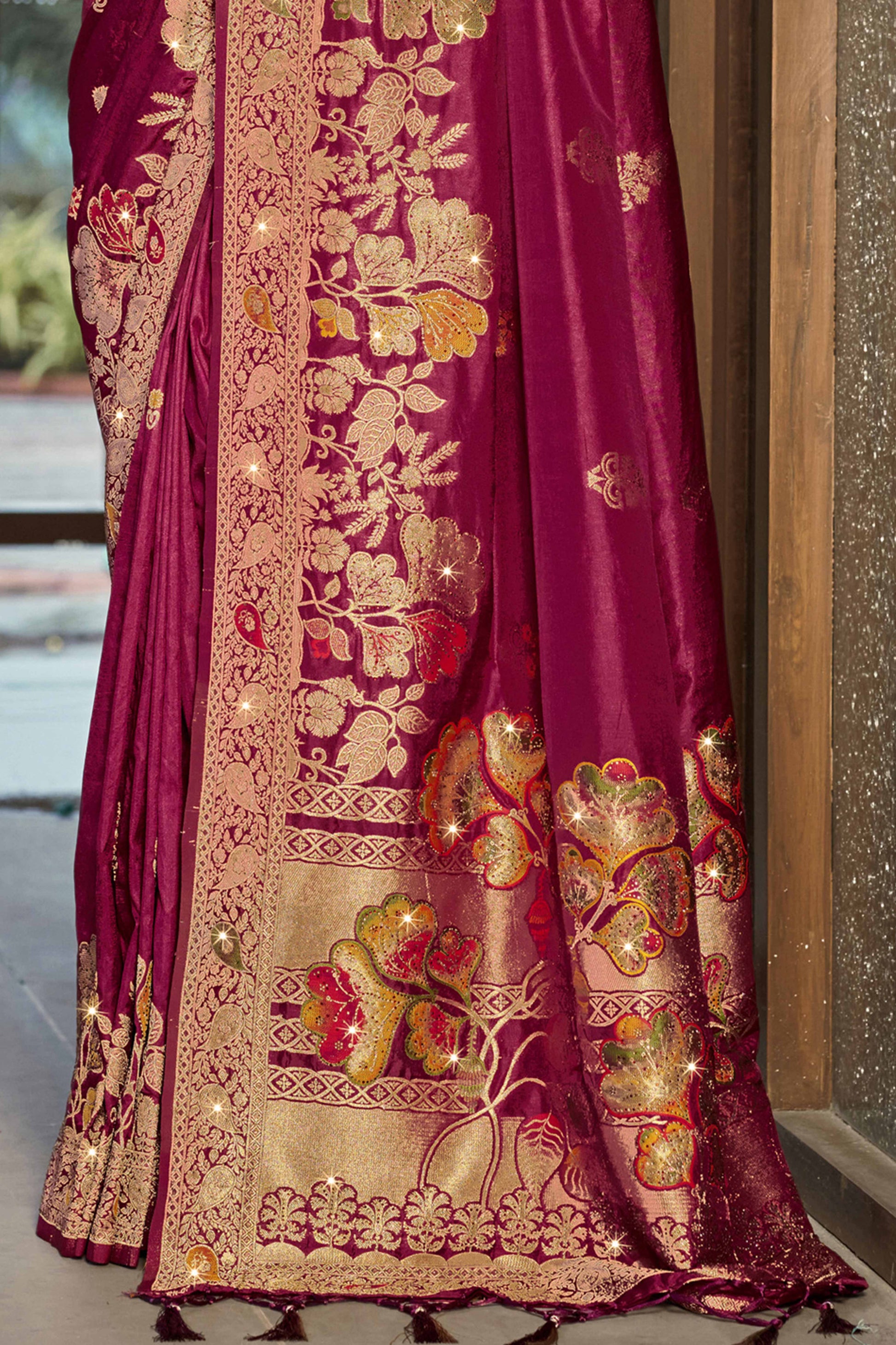 Dark Magenta Floral Woven With Swarovski Work Pure Silk Saree With Tassels