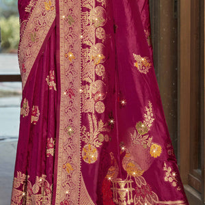 Dark Magenta Floral Woven With Swarovski Work Pure Silk Saree With Tassels