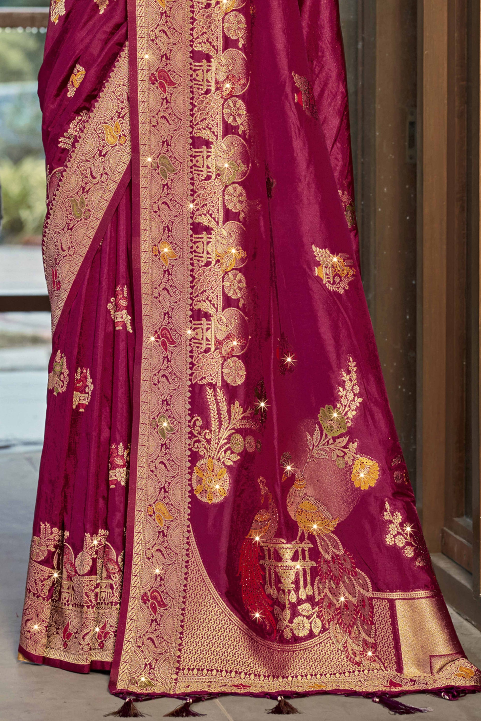 Dark Magenta Floral Woven With Swarovski Work Pure Silk Saree With Tassels