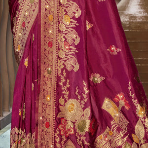 Dark Magenta Floral Woven With Swarovski Work Pure Silk Saree With Tassels
