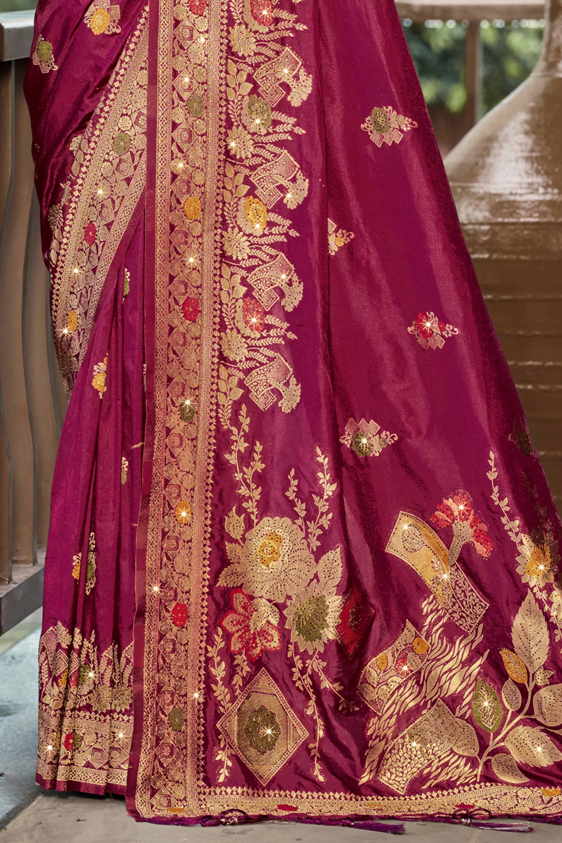 Dark Magenta Floral Woven With Swarovski Work Pure Silk Saree With Tassels