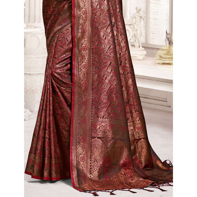 Maroon Woven Banarasi Silk Saree With Tassels