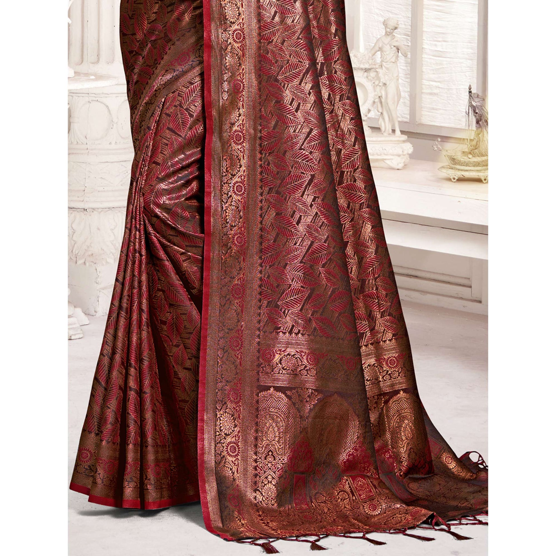 Maroon Woven Banarasi Silk Saree With Tassels